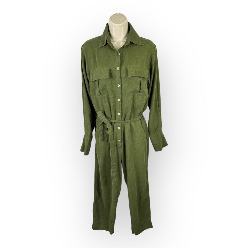 Rue Stiic Womens size Small Preston Linen Blend Cropped Jumpsuit Khaki Green - Picture 2 of 11